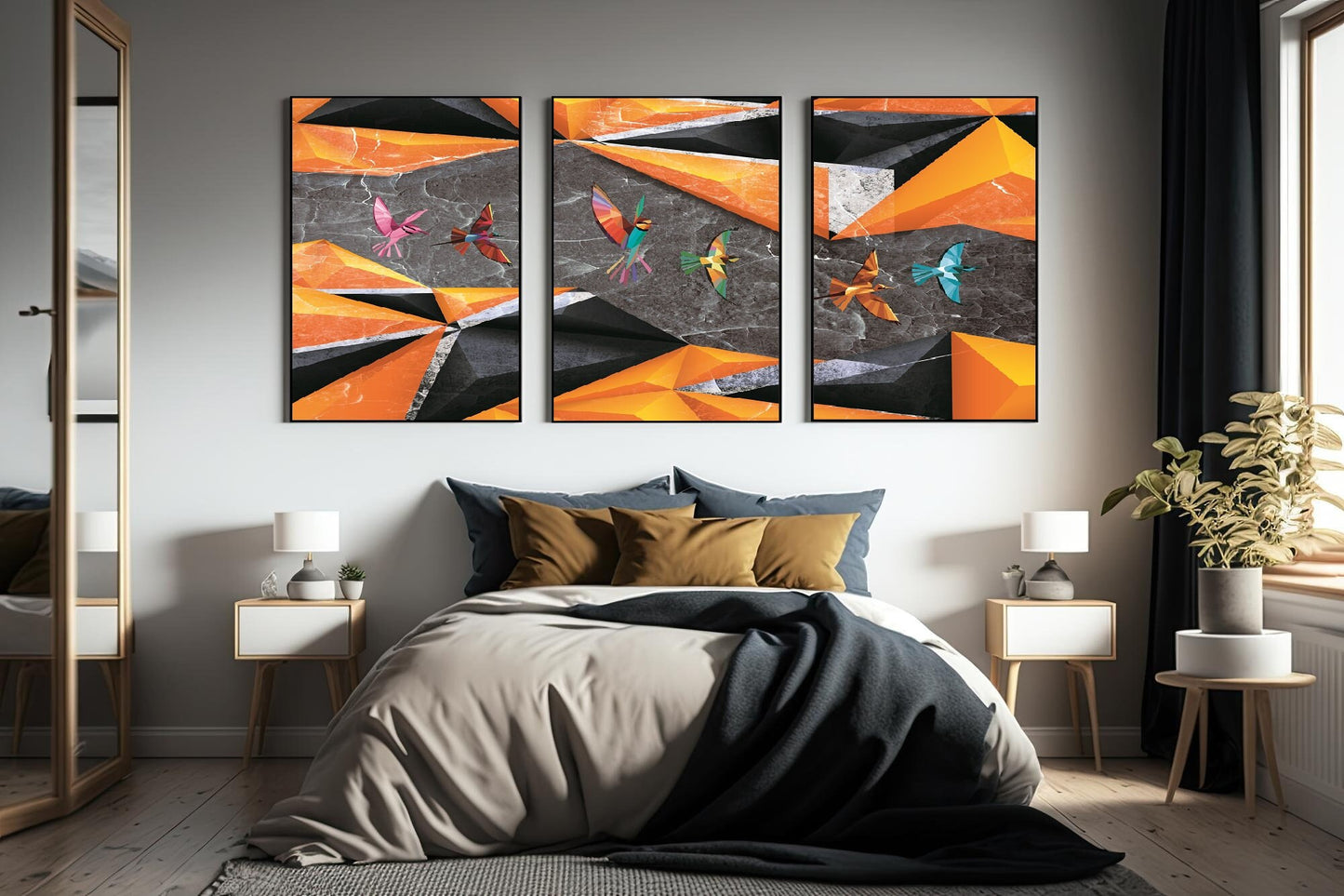 Set of three large framed canvas artwork, abstract birds floater frame wall art, printable black orange hanging wall decor for bedroom