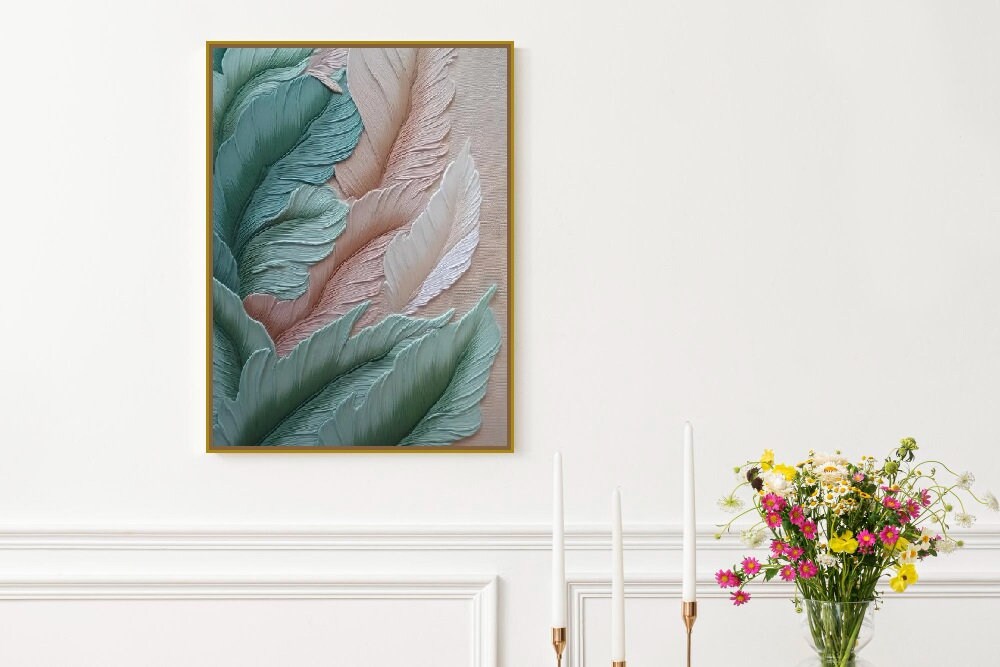 Botanical 3d wall art, large leaves canvas print, green pink floater frame artwork, abstract living room wall art, volumetric gift artwork