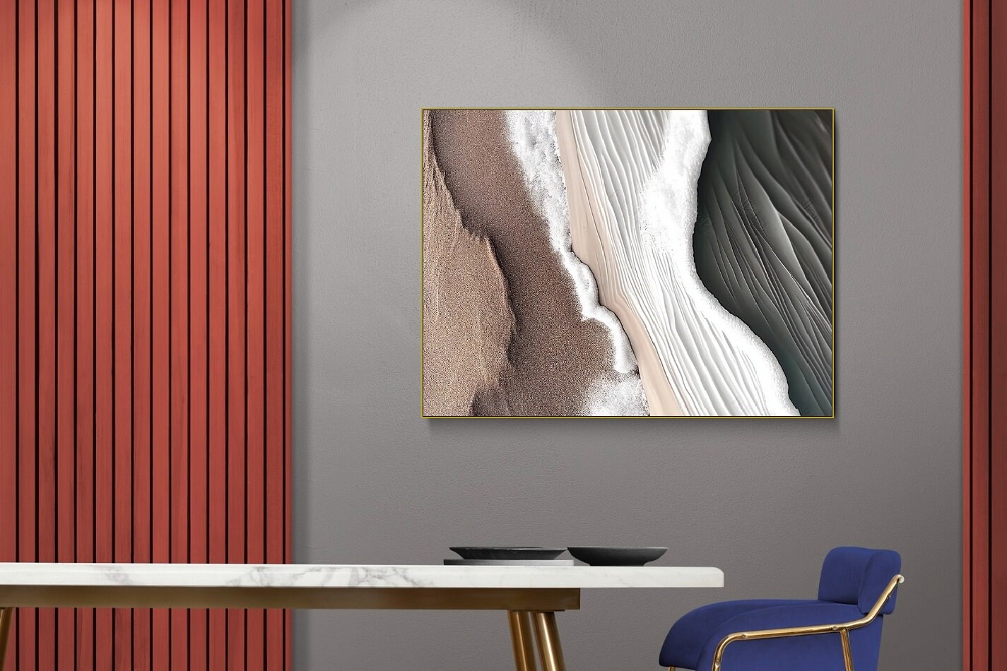 Abstract framed wall art, wave hanging wall decor, brown floater frame canvas print, large printable living room artwork, impression artwork