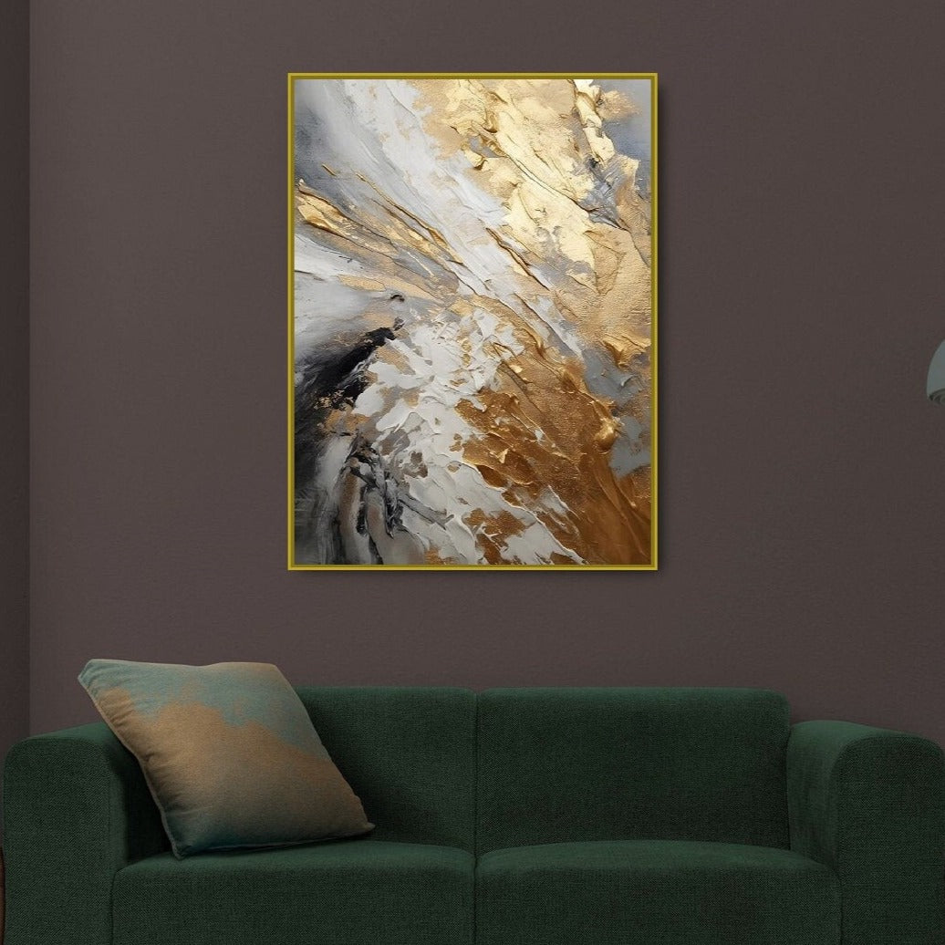 Large abstract wall art, framed contemporary canvas print, gold grey floater frame artwork, oil painting bedroom wall art, modern artwork