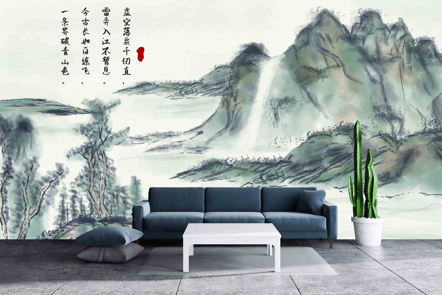 Smoky mountains Japanese wall art Self adhesive mural Abstract Peel and stick removable wallpaper Minimalist Bedroom wall decor