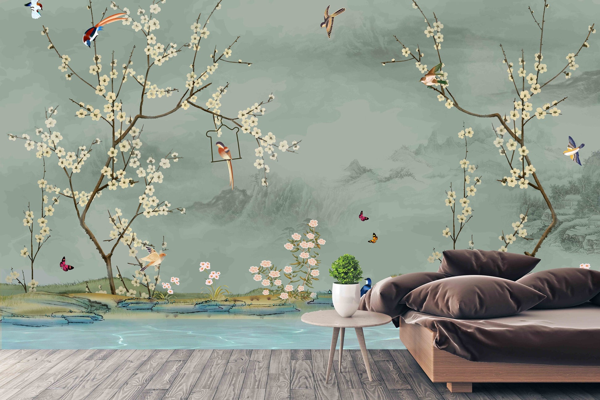 Japanese print Chinoiserie painted silk Sakura blossoms Botanical removable Flowers wall mural prints Peel & stick Art deco wallpaper