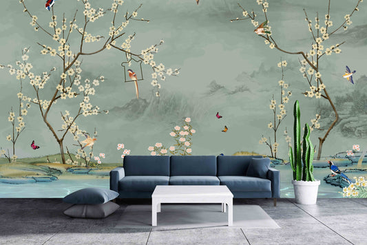 Japanese print Chinoiserie painted silk Sakura blossoms Botanical removable Flowers wall mural prints Peel & stick Art deco wallpaper