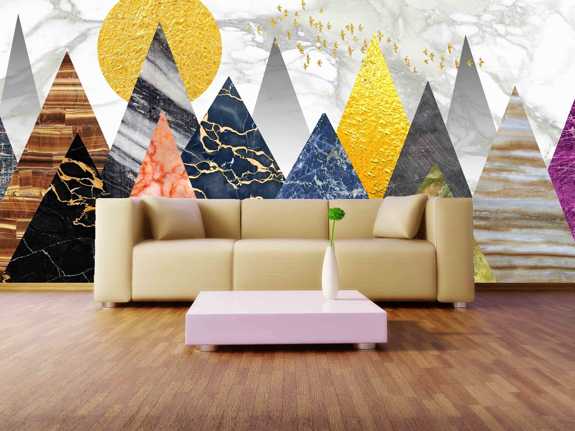 Geometric wallpaper mountains wall mural peel and stick, modern abstract wallpaper nature wall covering removable wall decoration