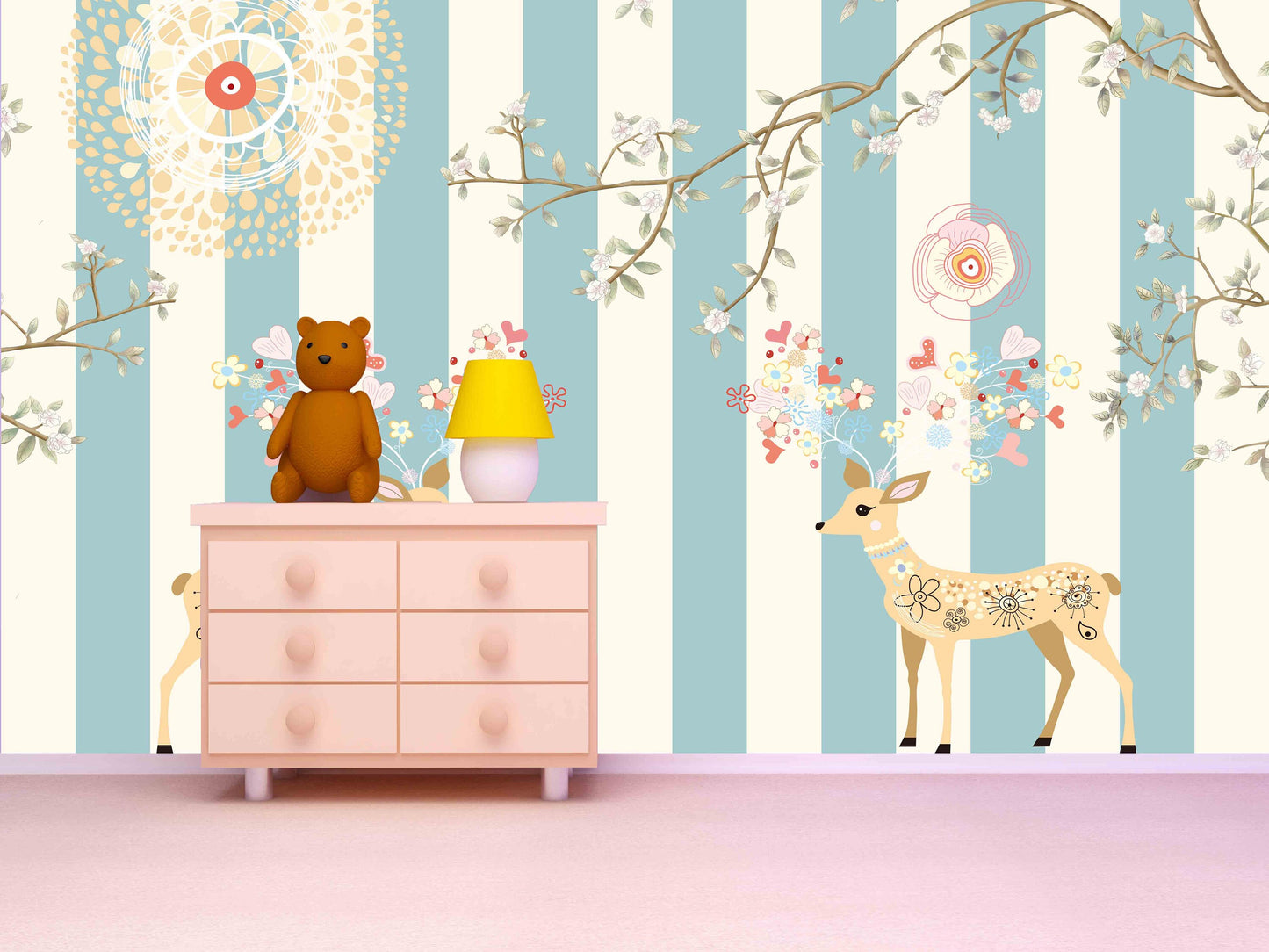 Nursery wallpaper Self adhesive mural Golden deer Home wall decor Peel and stick Giant wall mural Asian wall art Flowers wall mural prints