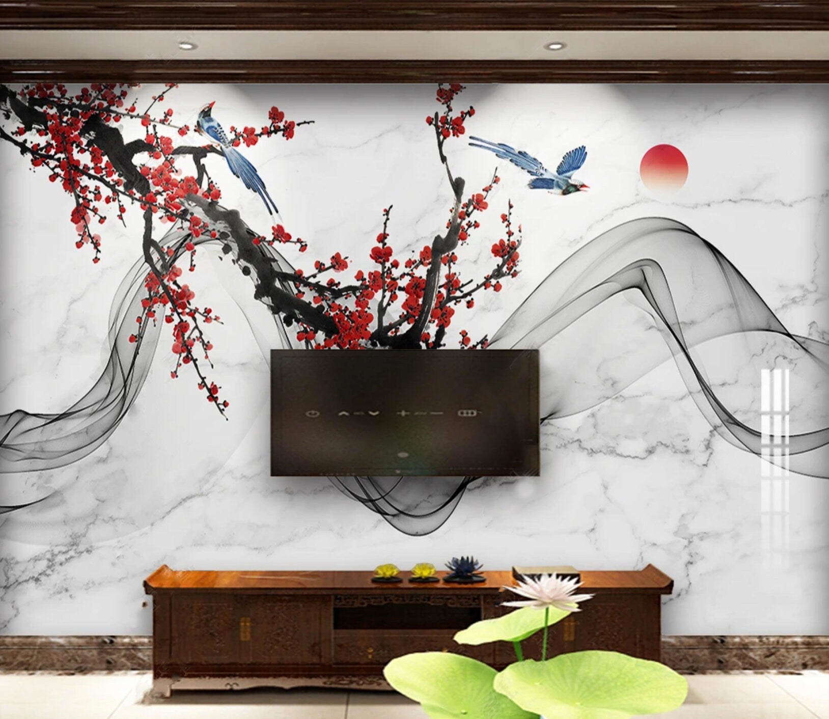 Sakura blossoms Botanical removable Japanese wall art Flowers wall mural prints Peel & stick Art deco wallpaper Chinoiserie painted silk