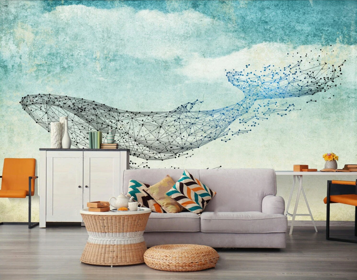 Whale wall art Peel and stick wall mural Modern Removable wall decor Textured fabric vinyl wallpaper abstract wall covering shark poster