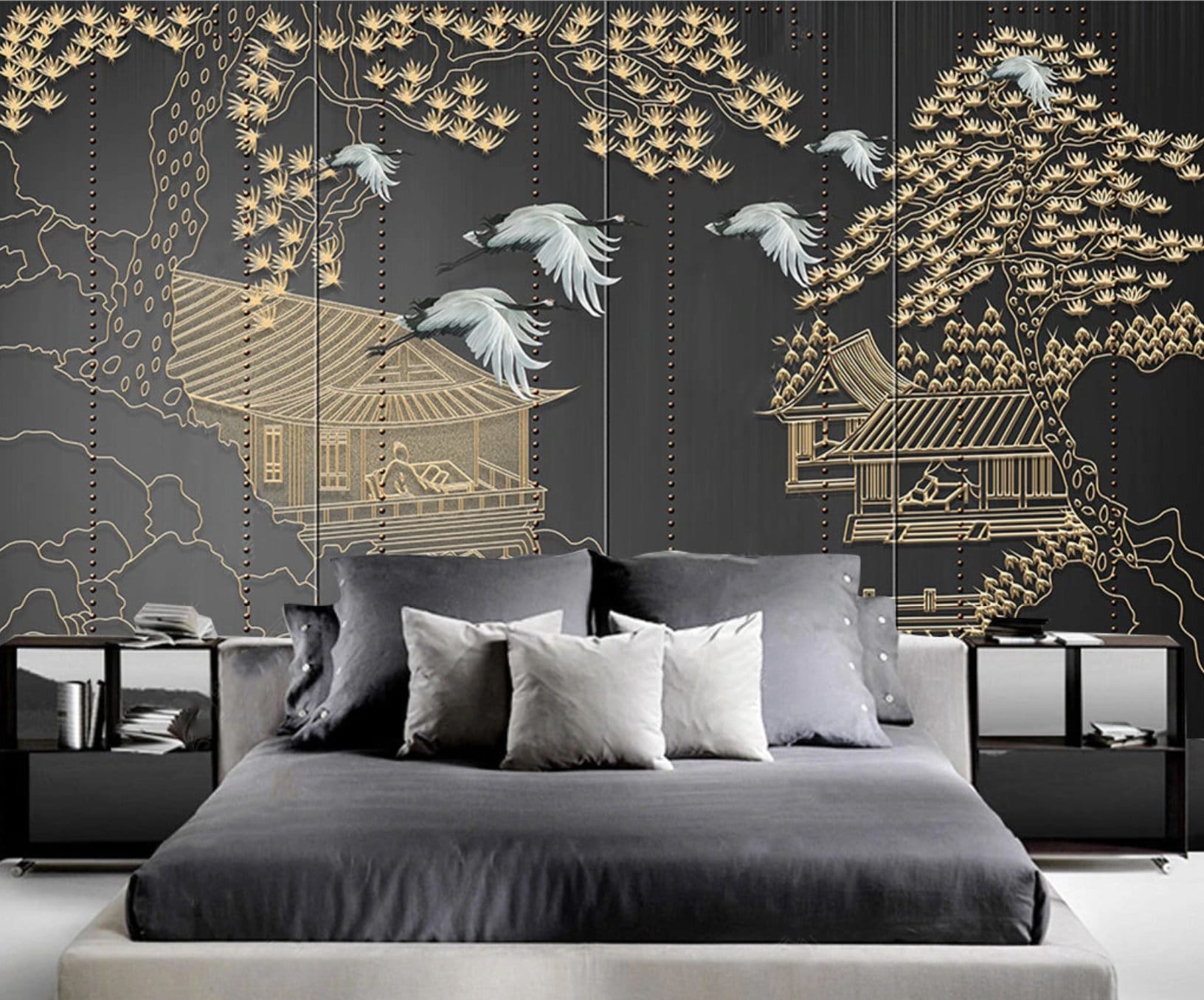 Asian grey gold wallpaper peel and stick wall mural, japanese wallpaper, chinoiserie self adhesivewallpaper, vinyl wall mural prints