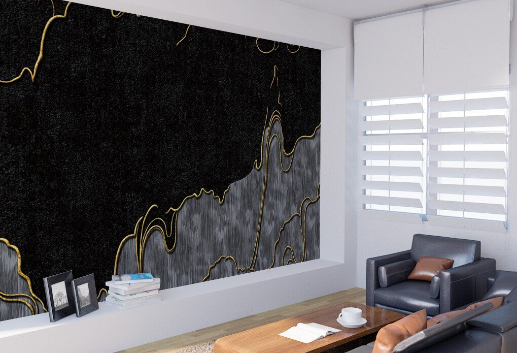 Black and gold abstract wallpaper peel and stick wall mural, removable art deco modern wallpaper minimalist bedroom wall decor