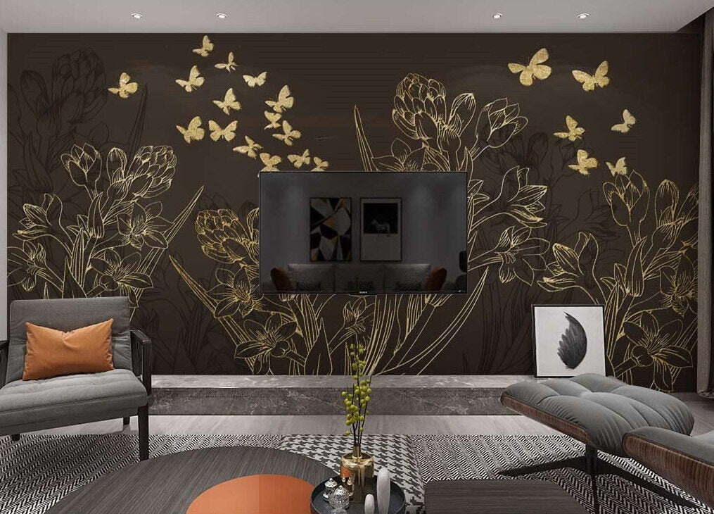 Brown floral wallpaper peel and stick wall mural, butterfly wallpaper, flower wall decals vinyl, canvas dark floral wallpaper