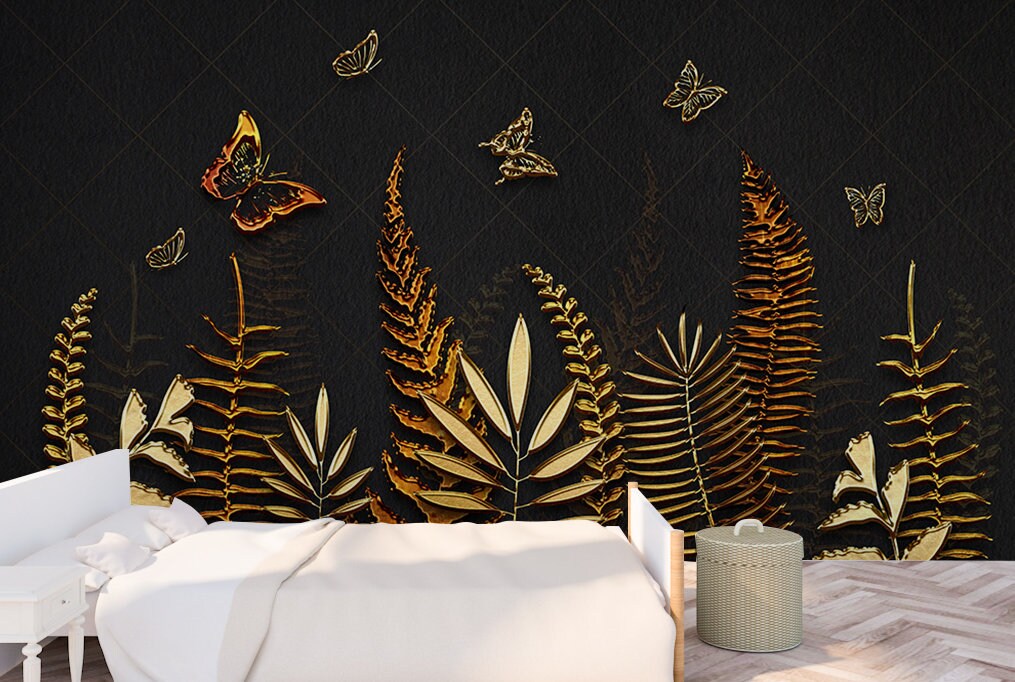 Ggold and black wallpaper peel and stick wall mural, floral and butterfly wallpaper, modern leaf vinyl, canvas wallpaper