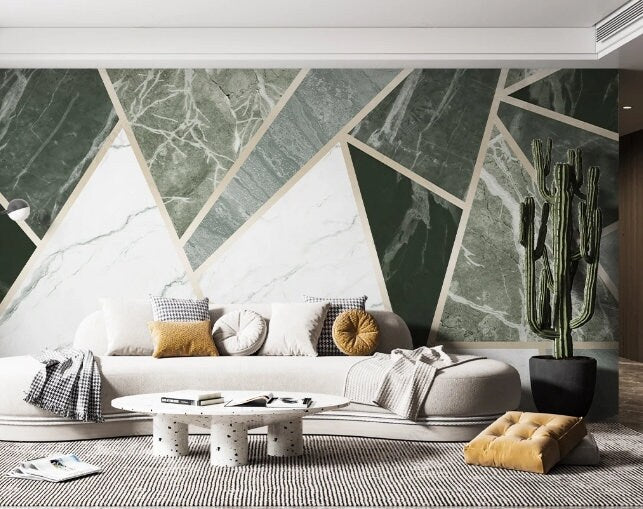 Green marble wallpaper peel and stick wall mural, Art deco geometric wall decal prints, abstract wallpaper