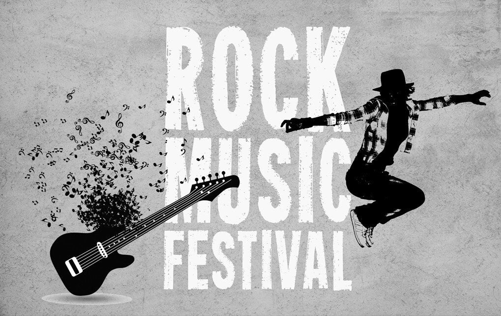 Rock music peel and stick wall decoration, man and guitar in white-black colors, big rock music wall mural, removable rock music wallpaper