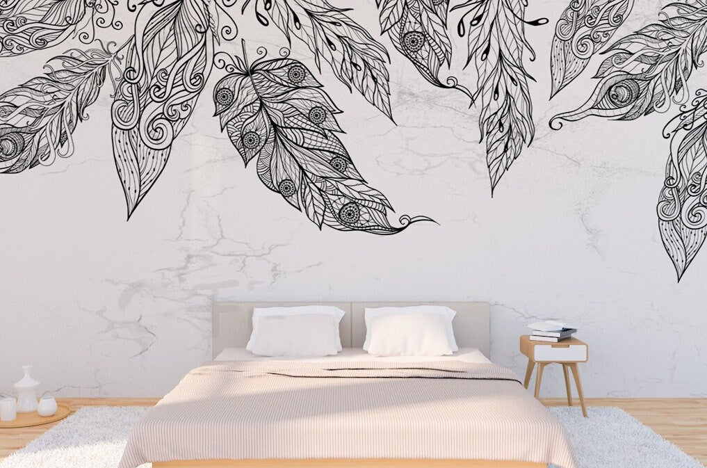 Large modern black white peel and stick wallpaper, self adhesive removable wall mural with abstract bird feathers on gray marble