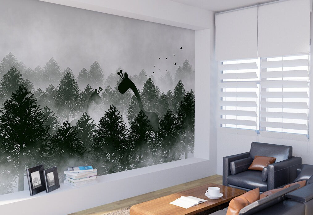 Kids peel and stick wallpaper, baby boy self adhesive wall mural, accentual nursery vinyl photo mural, foggy forest canvas photo wallpaper