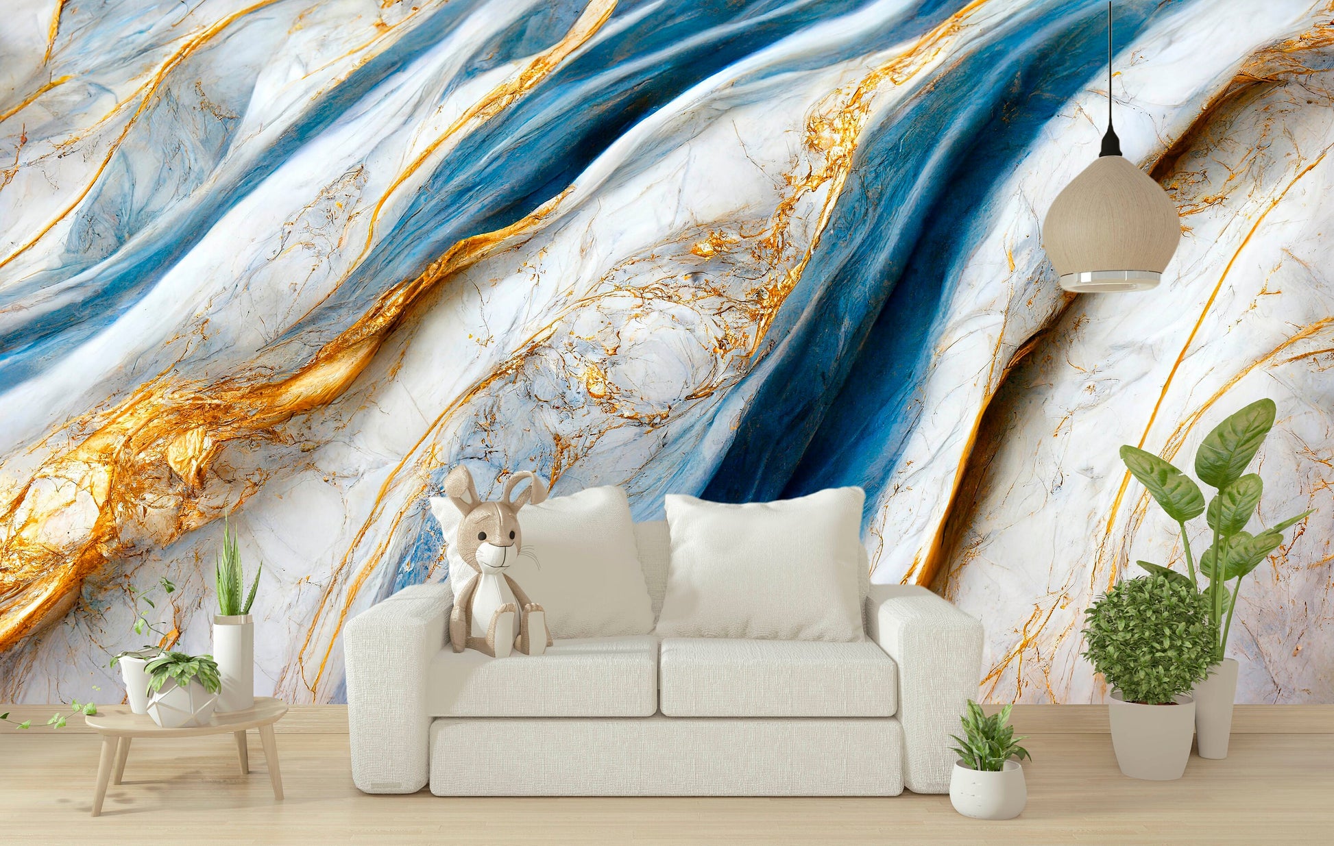 Extra large marble peel and stick wall mural, abstract self adhesive photo wallpaper, accentual white blue walpaper, removable bedroom mural