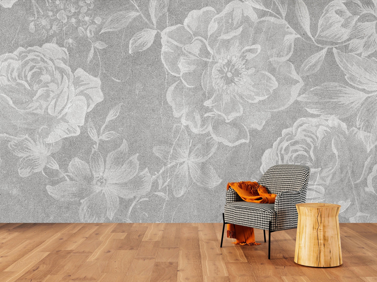 Large flowers grey white wallpaper, peel and stick floral wall mural, accentual self adhesive flowers photo mural, removable roses mural