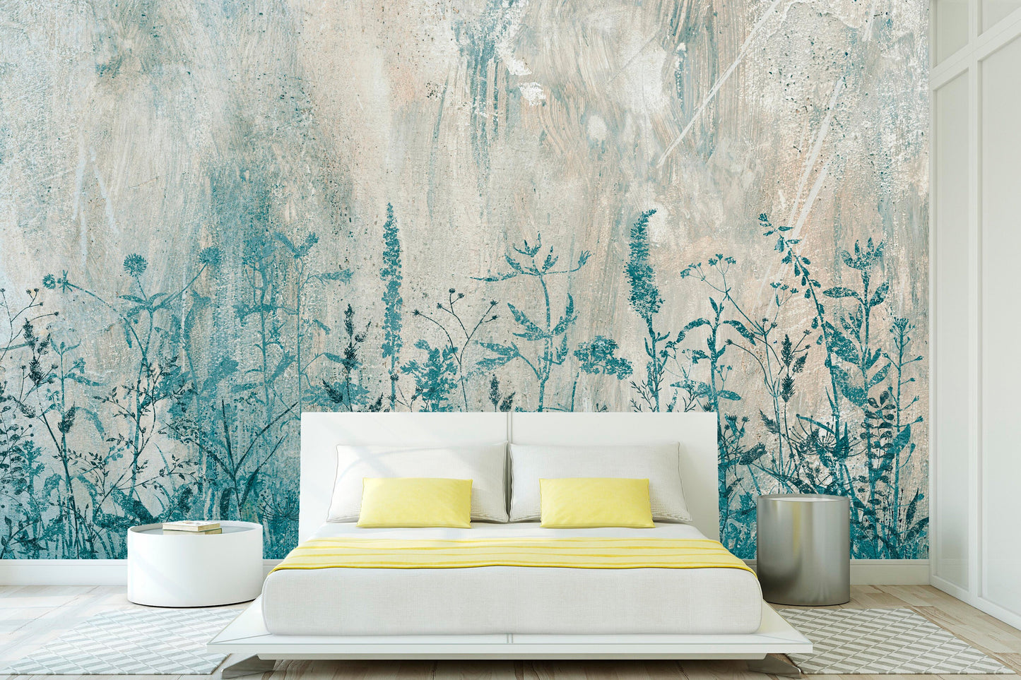 Botanical self adhesive wallcovering, large peel and stick grass wallpaper, accentual blue white wall decal, removable canvas wall mural