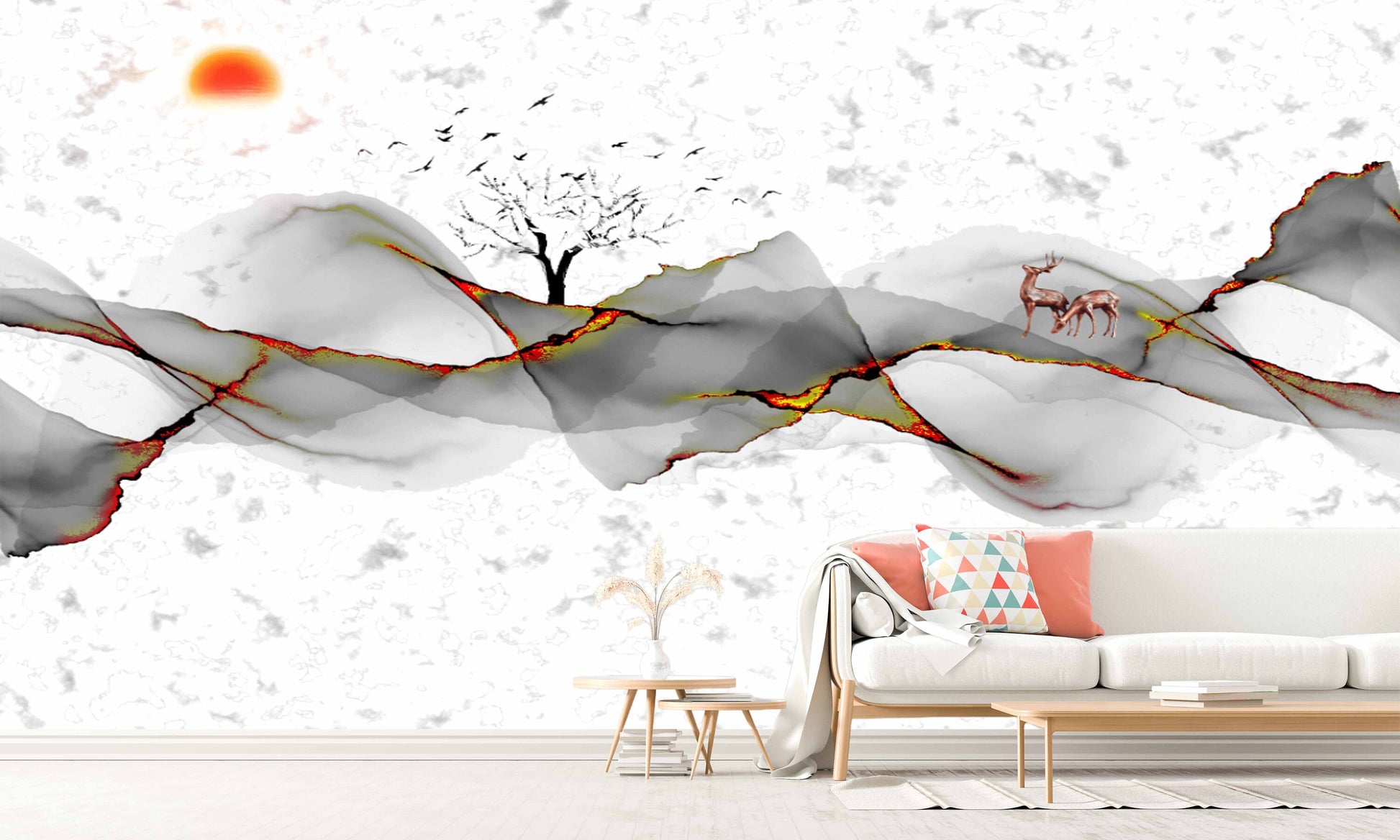 Extra large peel and stick abstract wave wall mural, self adhesive marble wallpaper, accentual nature wallcovering, white grey wallpaper