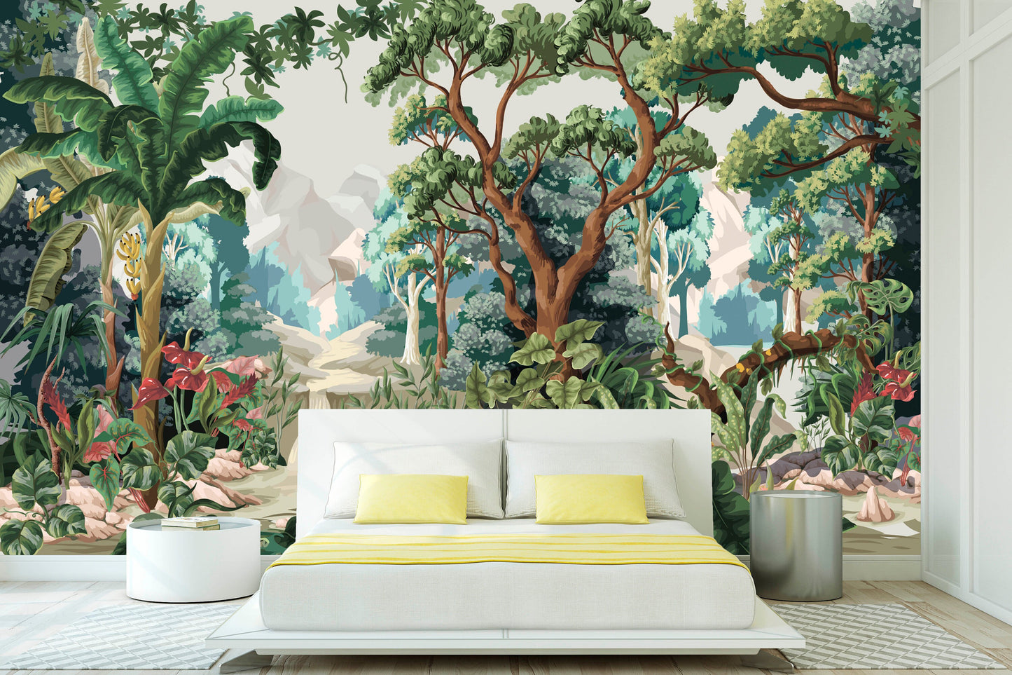 Tropical peel and stick wallcovering, large botanical self adhesive wallpaper, temporary nature wall mural, accentual forest wall decal