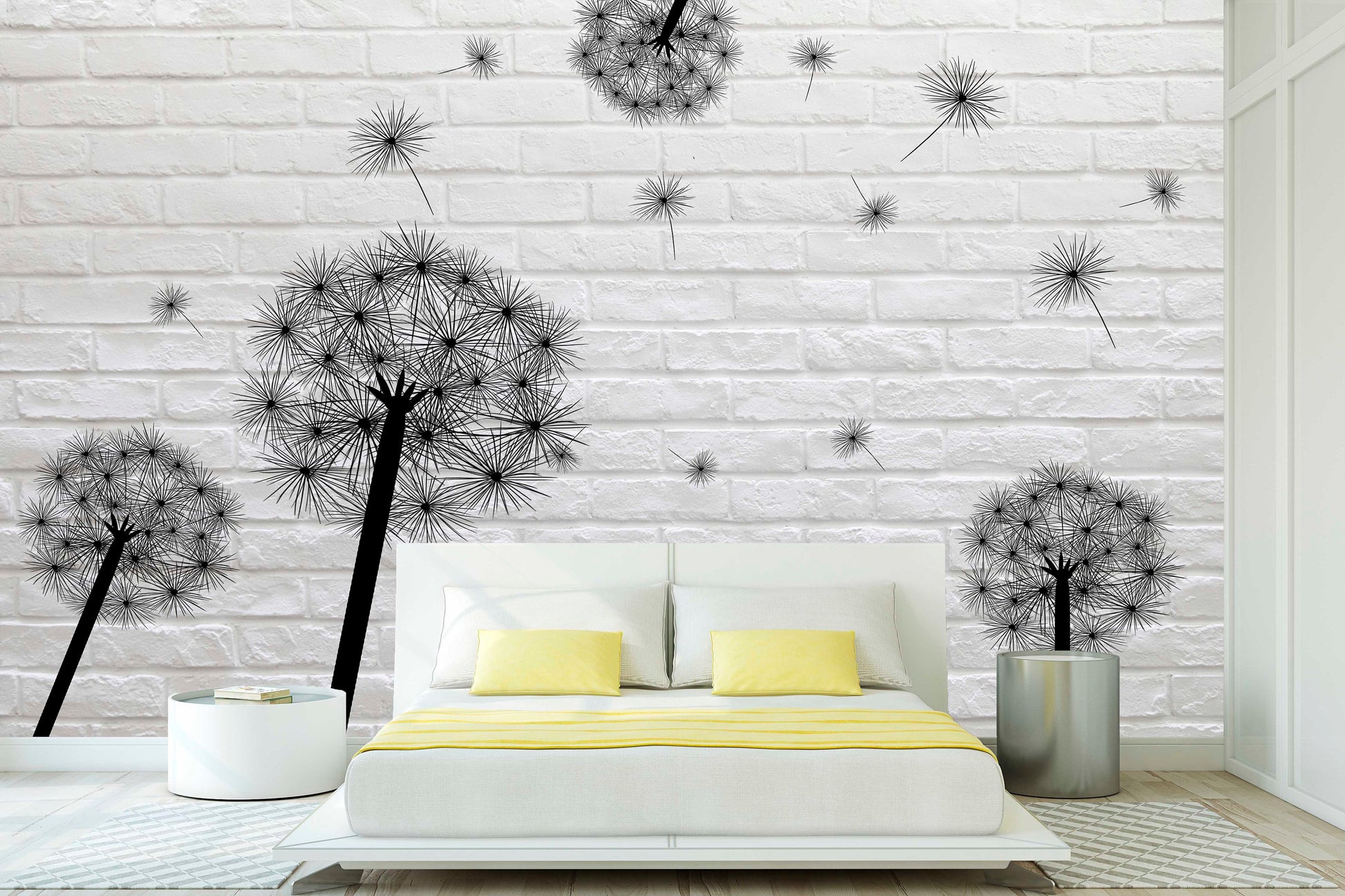 Large floral peel and stick wallpaper, black white self adhesive wall mural, accentual loft wall decal, removable dandelion wallcovering