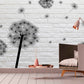 Large floral peel and stick wallpaper, black white self adhesive wall mural, accentual loft wall decal, removable dandelion wallcovering