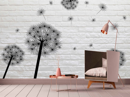 Large floral peel and stick wallpaper, black white self adhesive wall mural, accentual loft wall decal, removable dandelion wallcovering