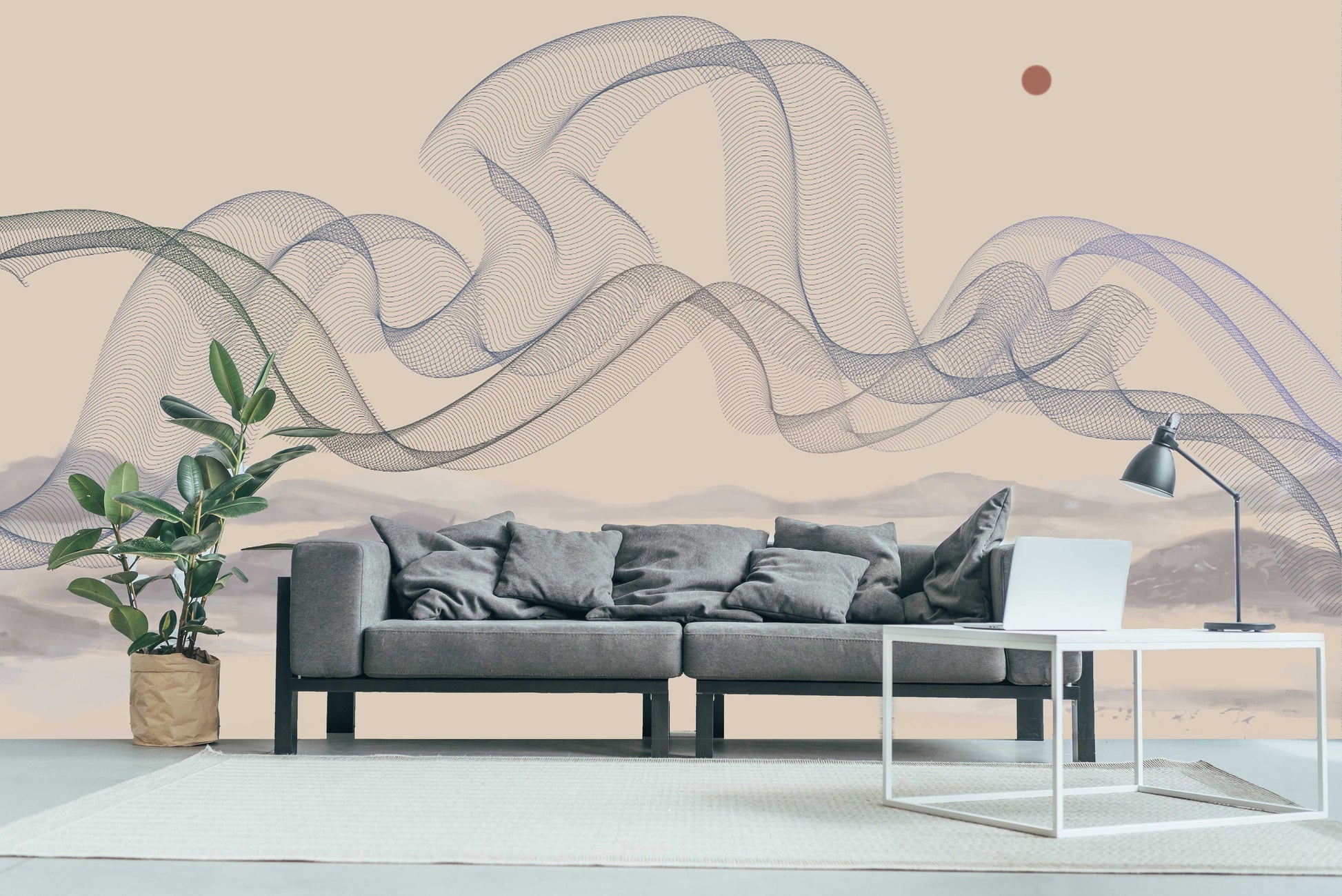 Extra large abstract wave peel stick wall mural, self adhesive beige wallpaper, accentual bedroom wallpaper, modern landscape wall mural