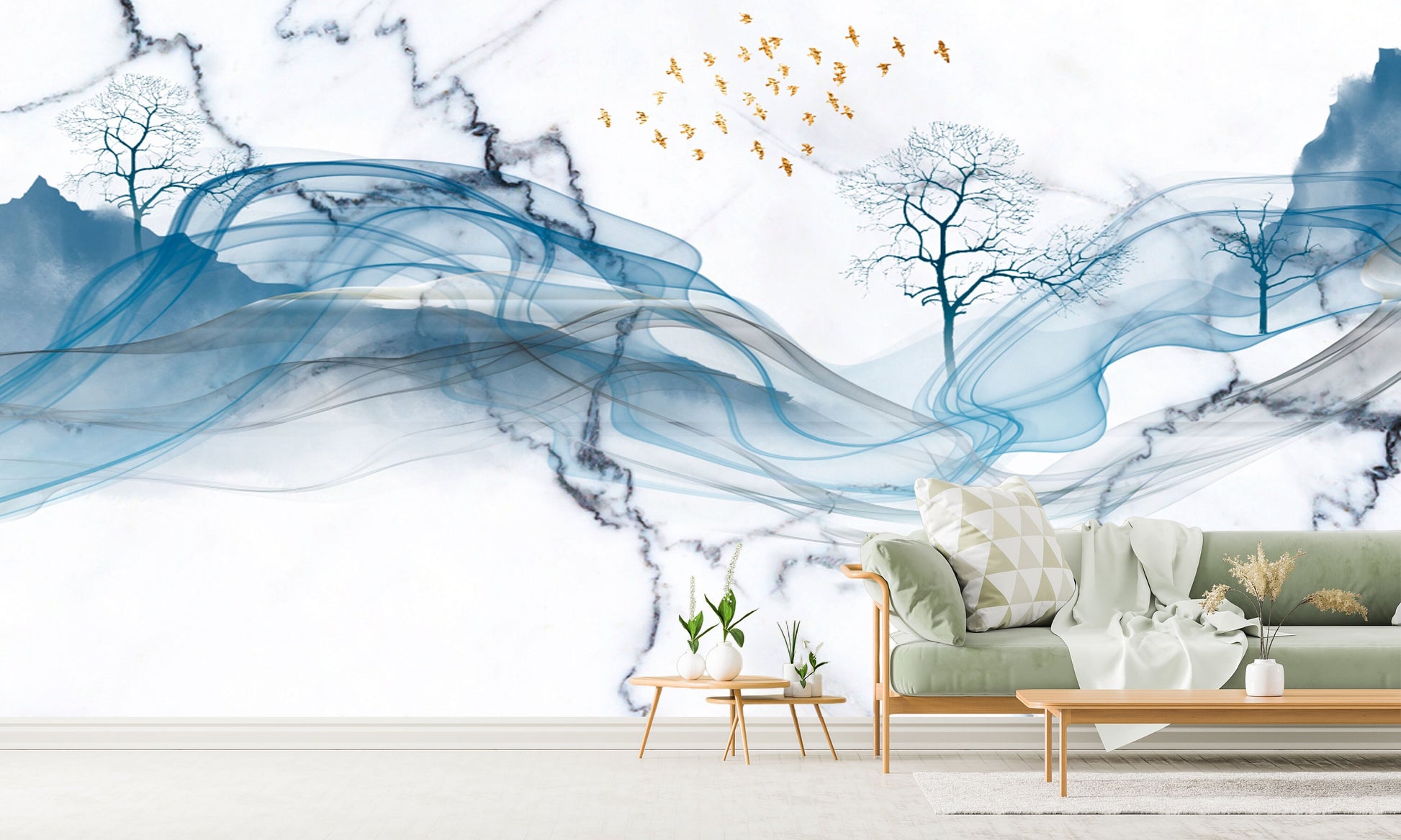 Blue wave self adhesive wallpaper, large abstract peel and stick wall mural, accentuall marble photo wallpaper, removable wallcovering