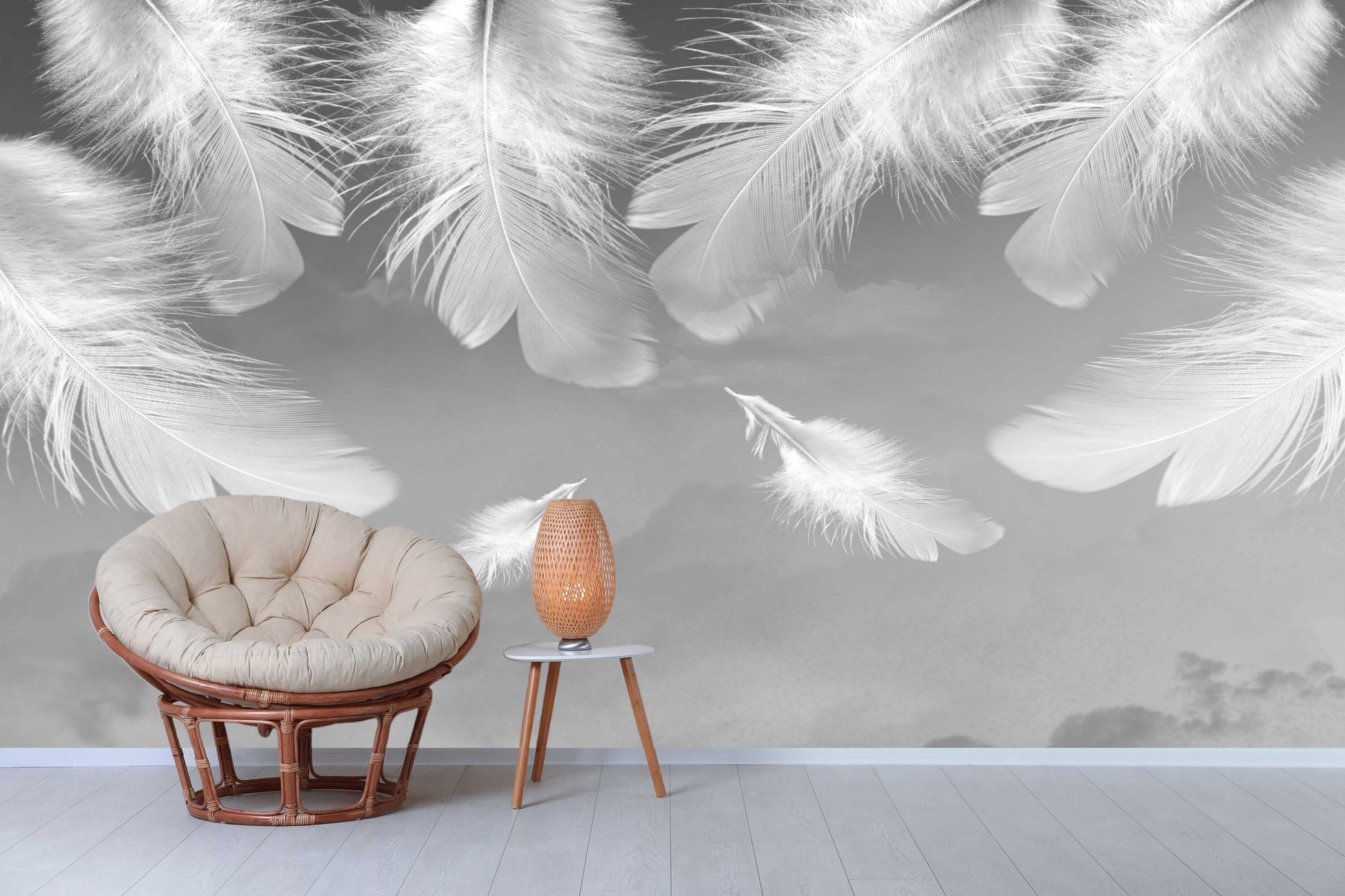 Large feathers peel and stick wall mural, self adhesive white grey wallpaper, accentual abstract wallcovering, removable canvas wallpaper