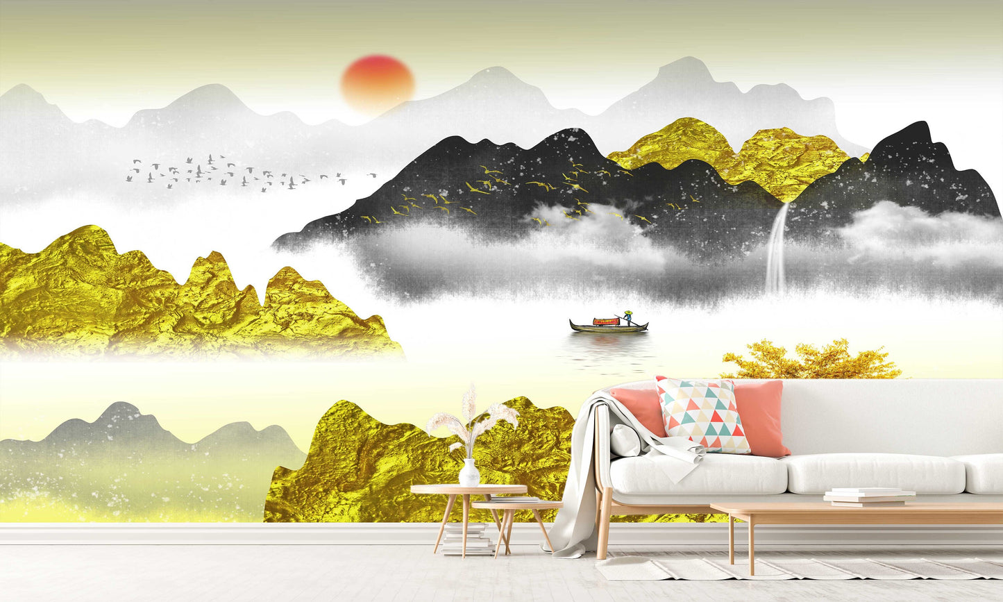 Large golden mountains self adhesive wallpaper, landscape peel stick wall mural, temporary canvas wallcovering, accentual bedroom wallpaper