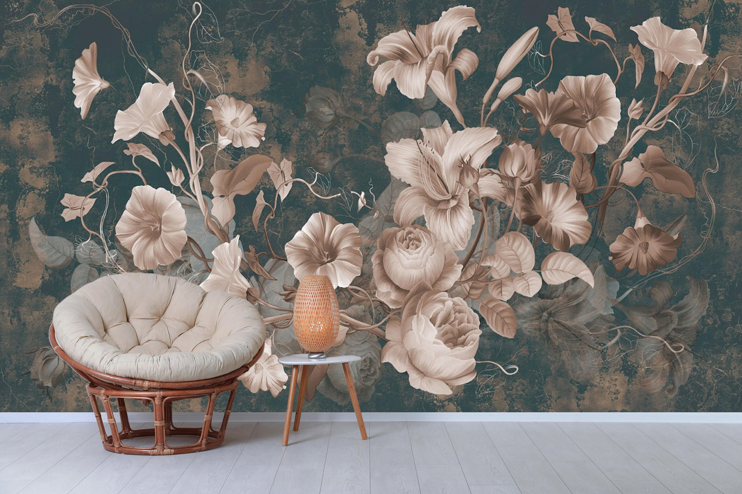 Extra large floral wallpaper, beige flowers self adhesive wall mural, dark floral peel and stick wallcovering, accentual canvas wallpaper