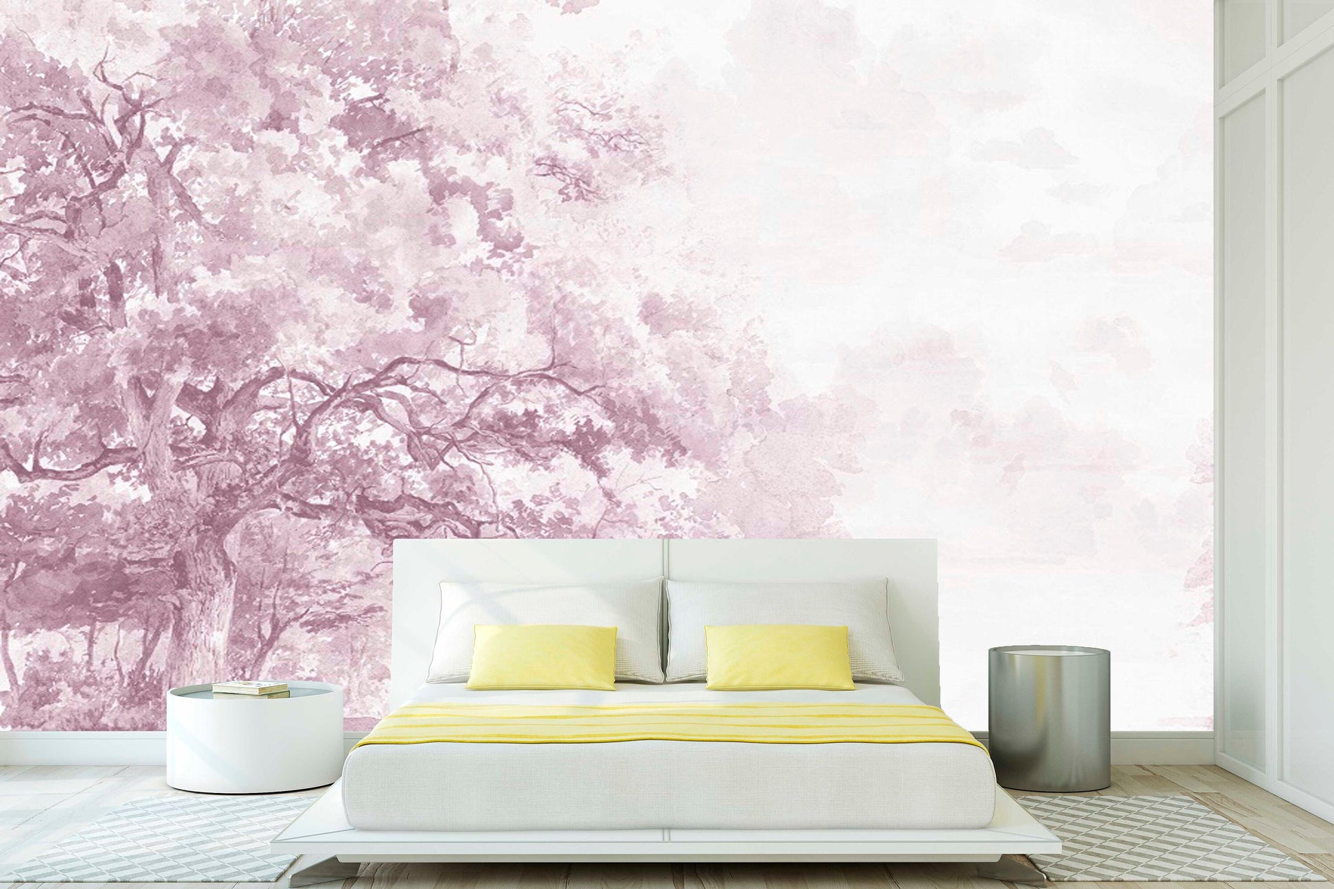 Purple tree self adhesive wallpaper, large peel and stick nature wall mural, removable botanical wallpaper, temporary canvas wallcovering