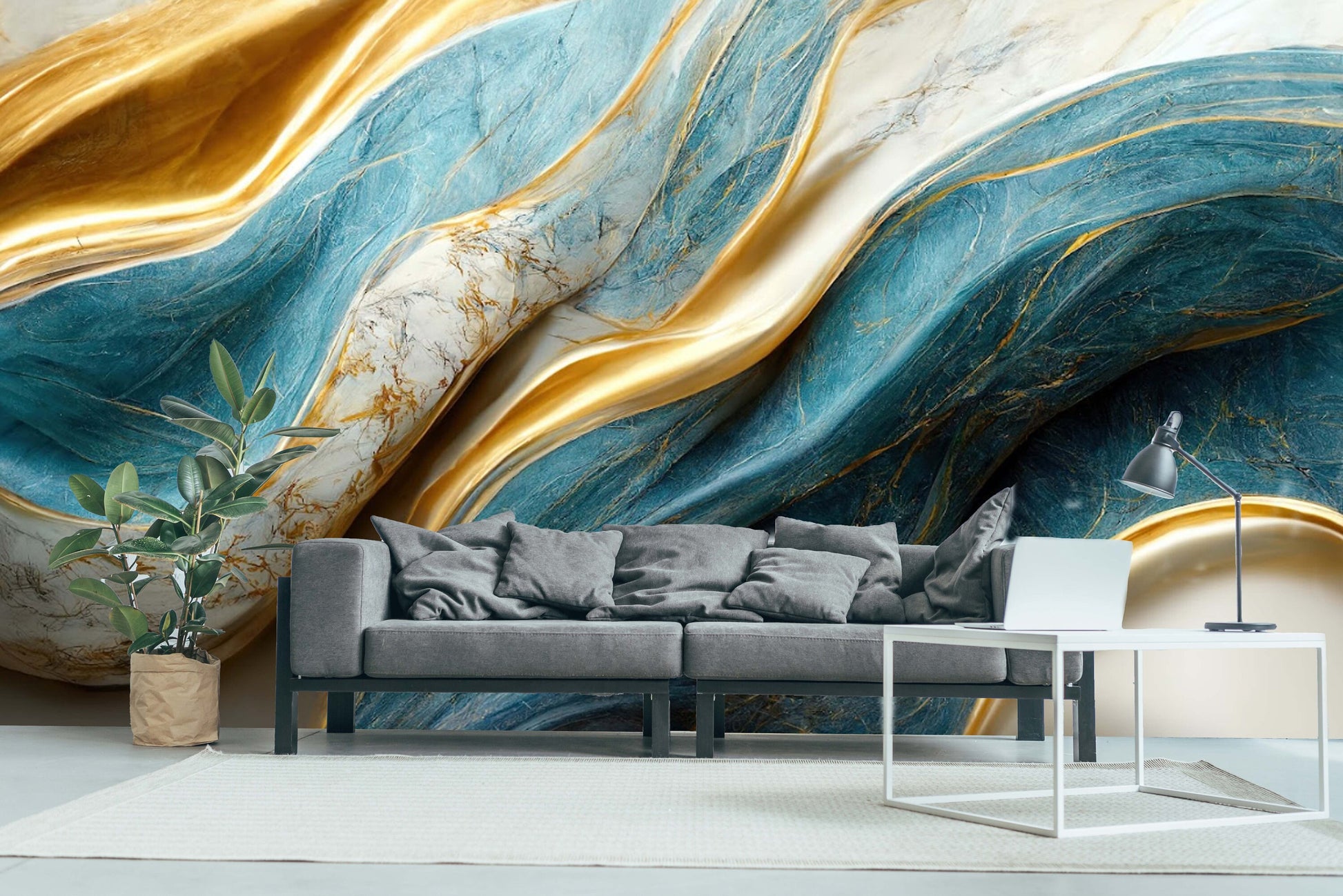 Abstract large peel and stick wall mural, self adhesive blue gold wallpaper, removable marble photo wallpaper, accentual wall decal