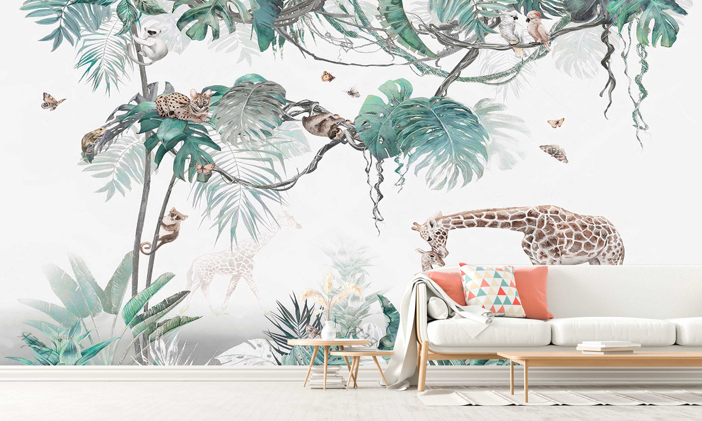 Tropical self adhesive wallpaper, animals peel and stick wall mural, accentual giraffe photo wallpaper, extra large leaves wallcovering