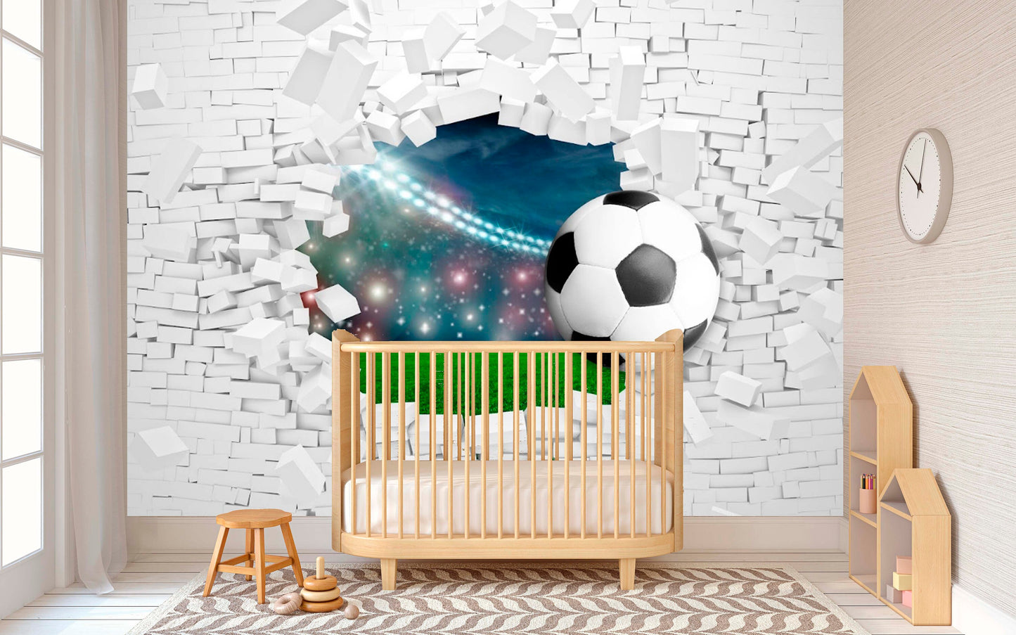 Sport peel stick wallpaper, extra large bricks wall mural, self adhesive 3d soccer ball wallpaper, acentual loft wallpaper, kids wallpaper